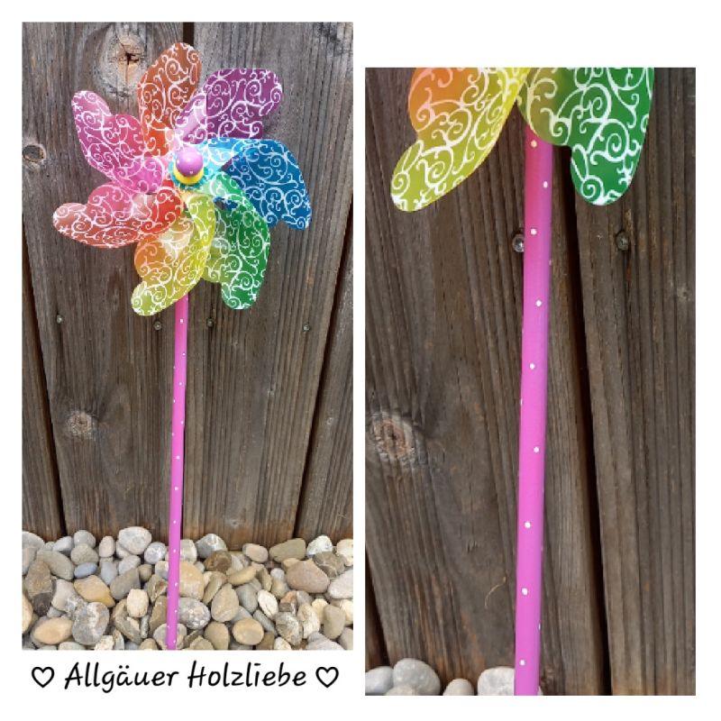 Windrad * 17 cm * Holzstil und -kugel handbemalt * Gartenstecker * Kinder * Deko * Regenbogen